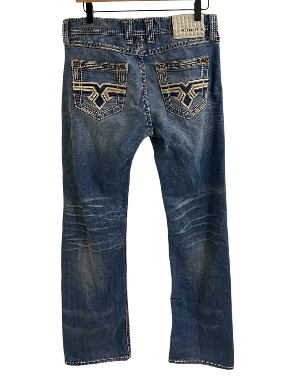 AFFLICTION COOPER JEANS MENS SIZE 30 90’s THICK STITCHING WHISKERED GRUNGE Y2K